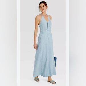 Universal Thread Women's Halter Vest Light Wash Denim Maxi Dress Size 2